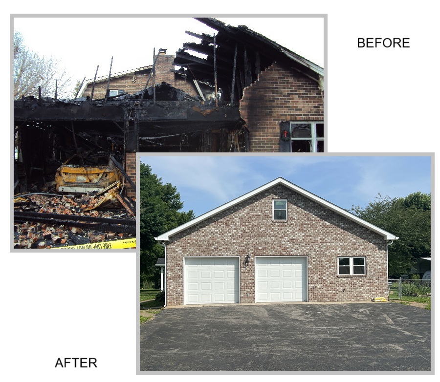 Fire damage before and after of garage